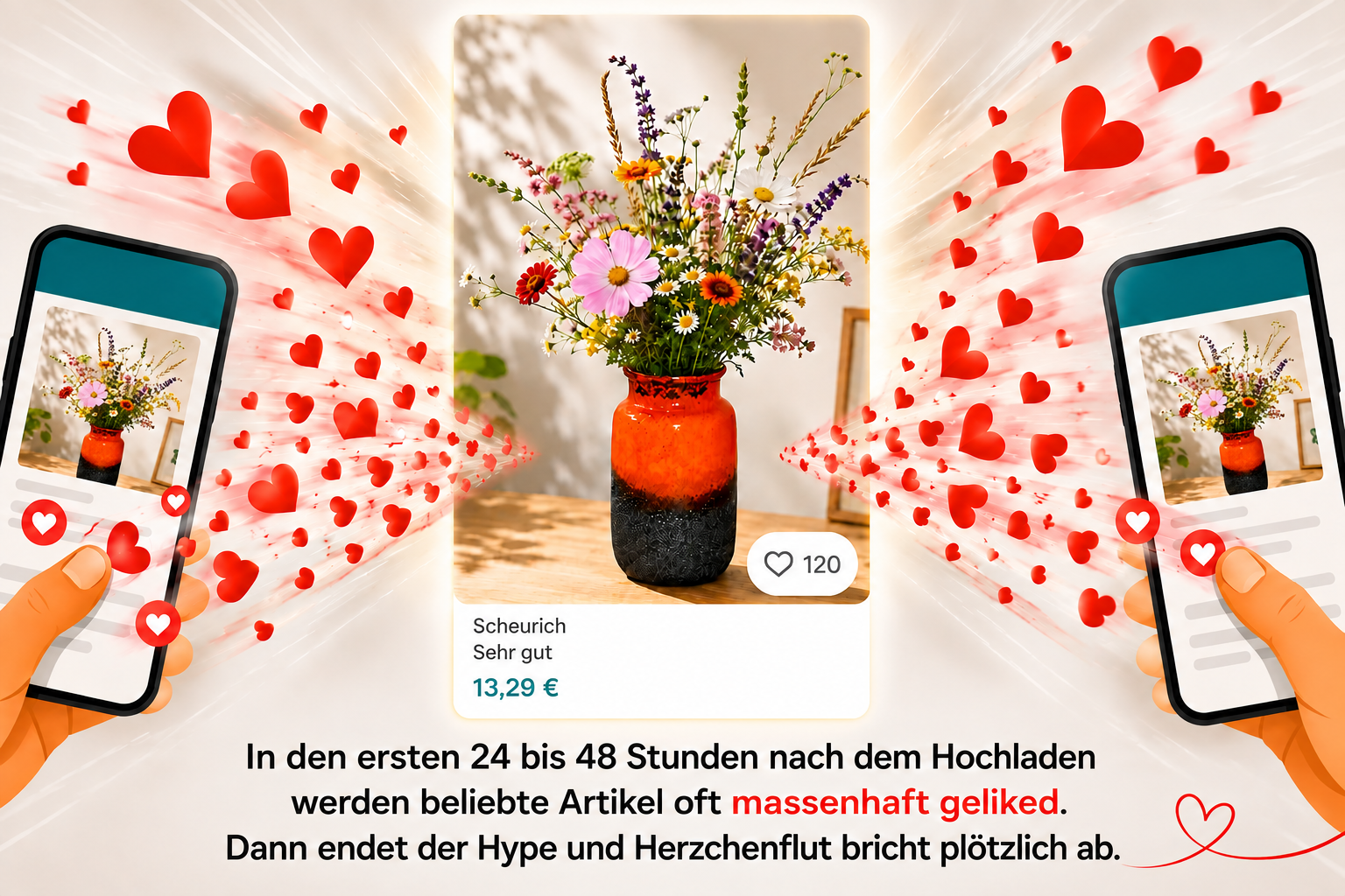 Angebot einer orange-schwarzen Vase mit buntem Blumenstrauß in der Mitte. Von zwei Smartphones strömen zahlreiche rote Herzen auf das Angebot zu und symbolisieren viele Likes und Favorisierungen kurz nach dem Hochladen. Die Grafik verdeutlicht, dass beliebte Artikel in den ersten 24 bis 48 Stunden besonders viel Aufmerksamkeit erhalten, bevor das Interesse wieder nachlässt.
